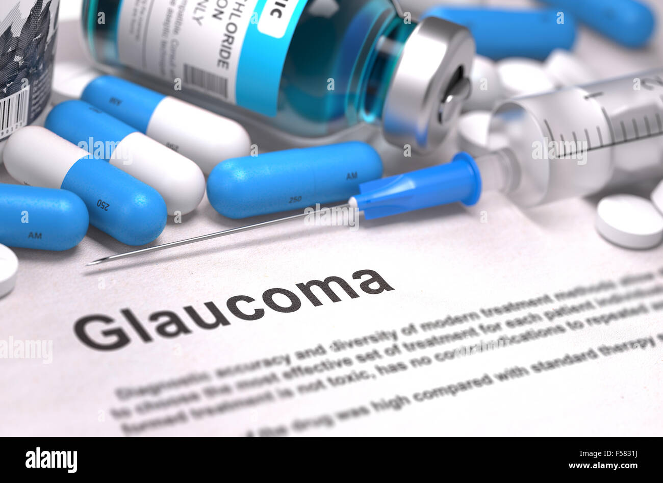 Glaucoma - Diagnóstico impresas con azul de píldoras, inyecciones y jeringa. Concepto médico con el enfoque selectivo. Foto de stock