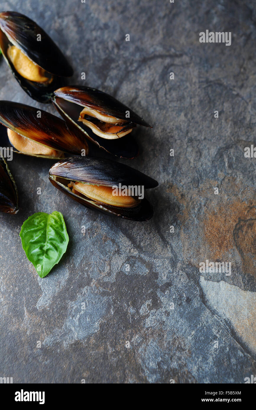 Mejillones cocidos con conchas vista superior Foto de stock
