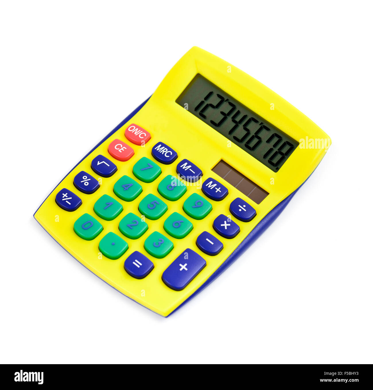 Calculadora moderna de color amarillo aislado en blanco Foto de stock
