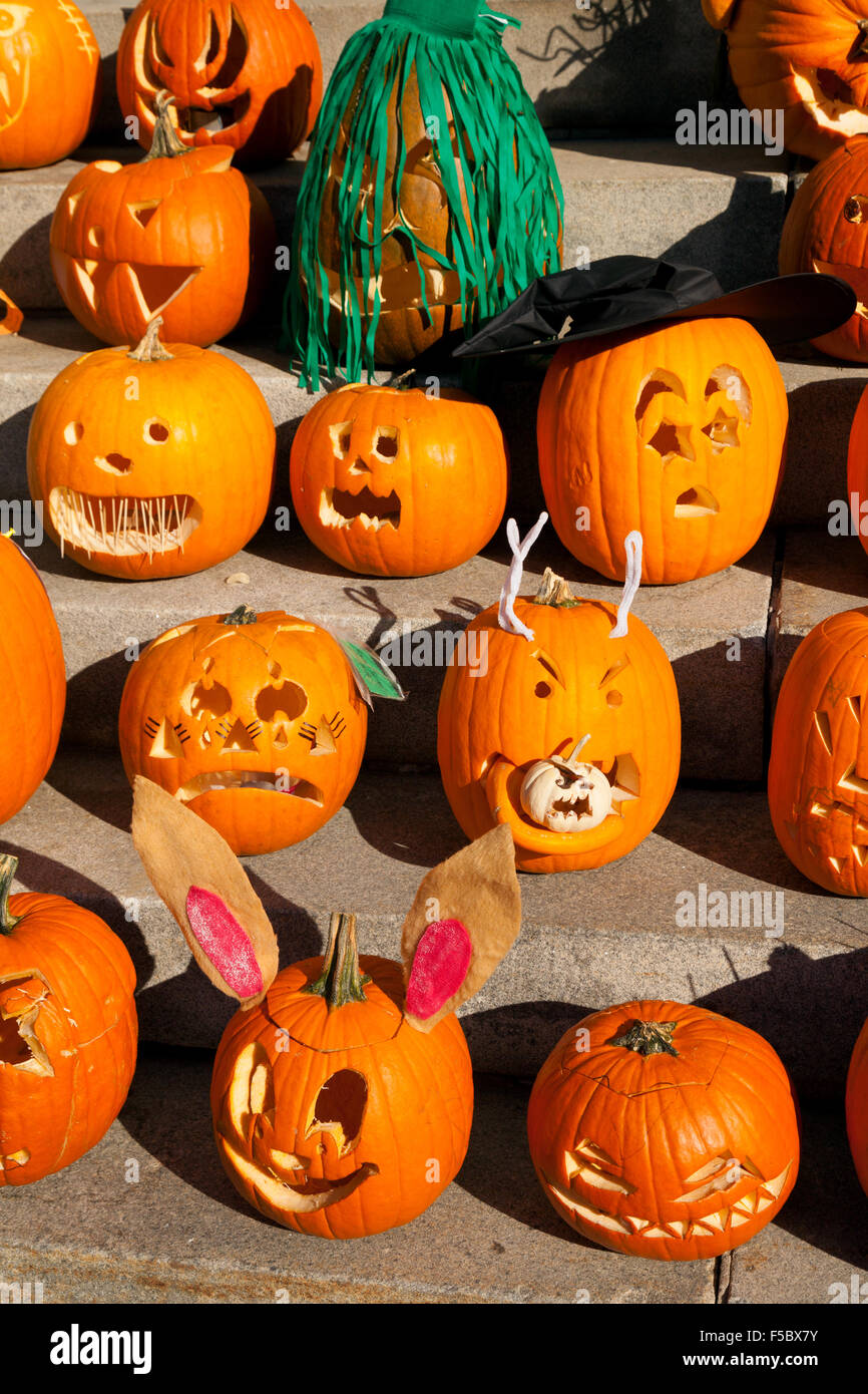 Jack o Lantern calabaza de Halloween decoraciones, otoño, VT de Vermont, Nueva Inglaterra, EE.UU. Foto de stock