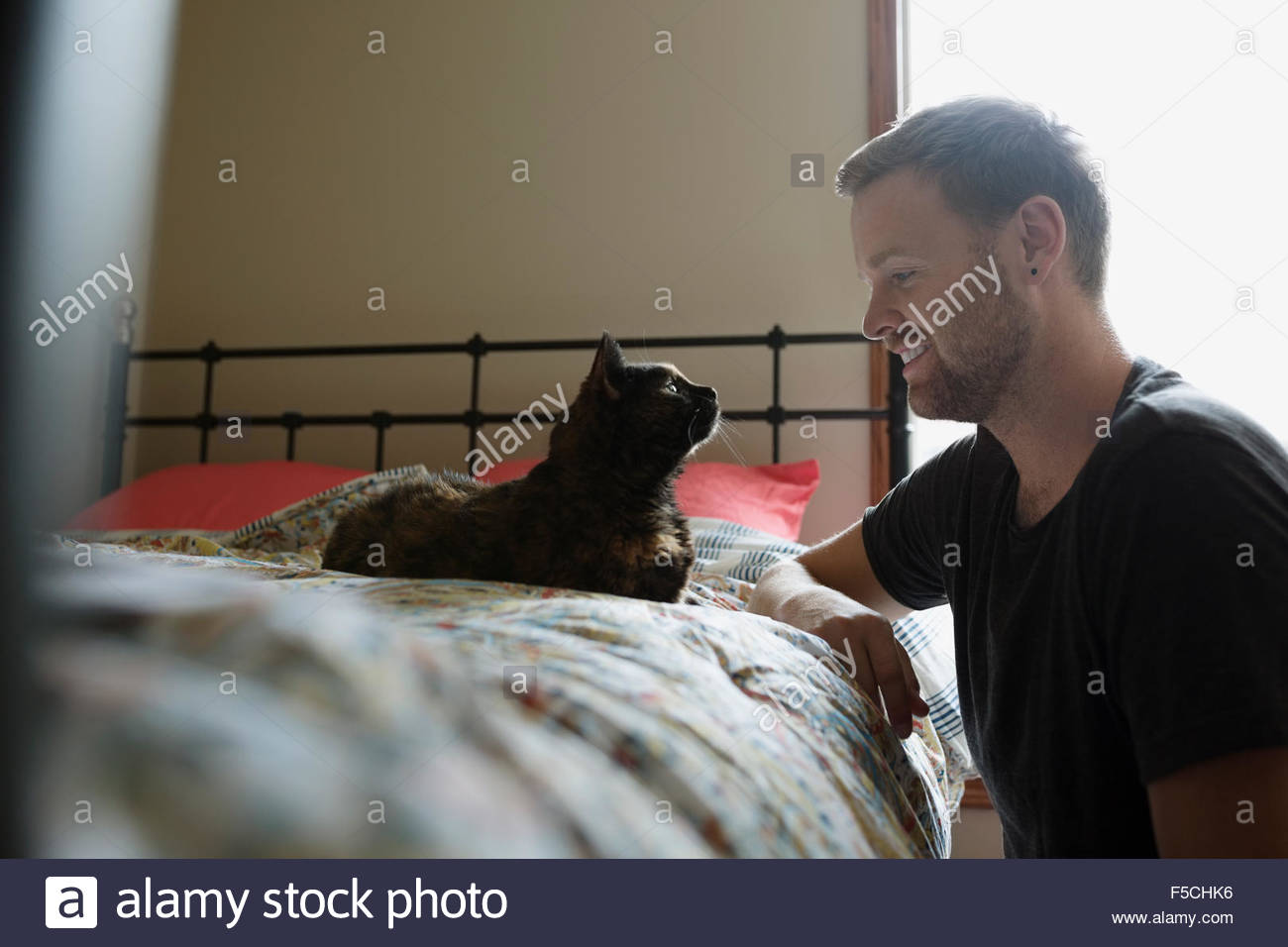 Hombre y gato cara a cara en el dormitorio Foto de stock