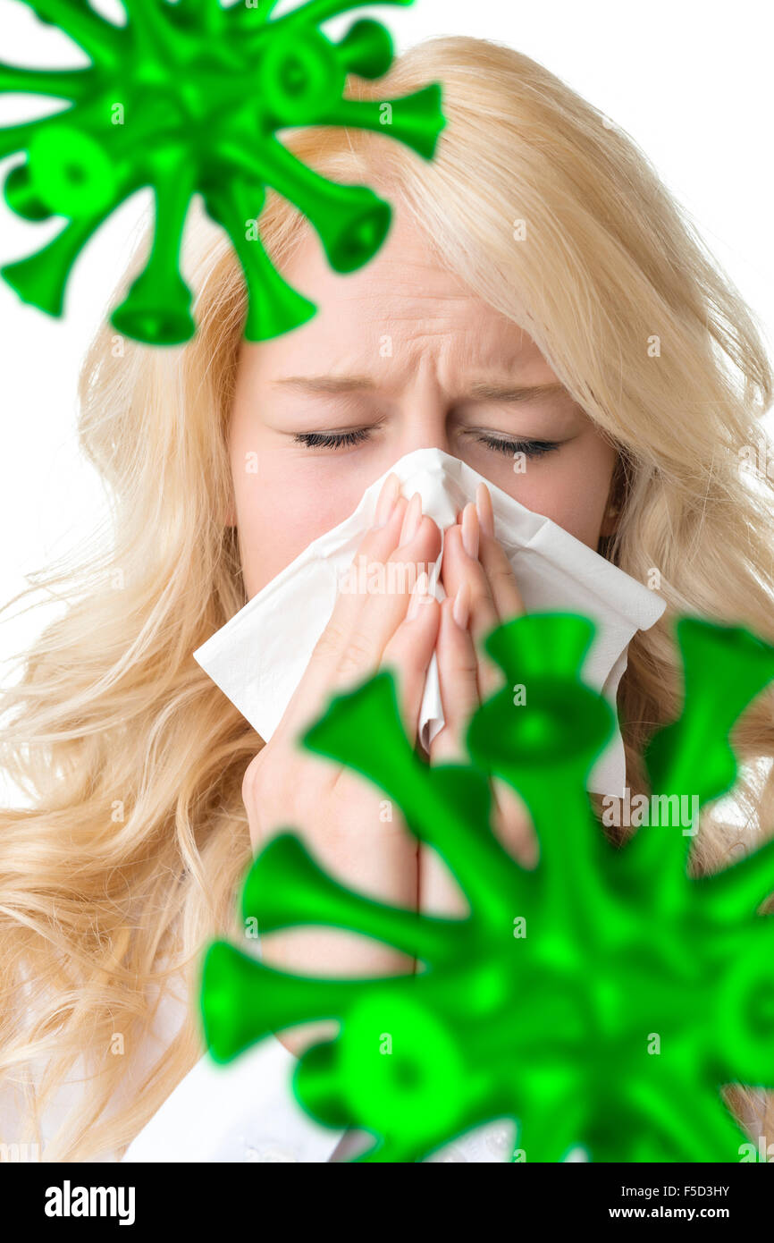 Retrato de una mujer rubia que está enfermo estornudos bacillus en un virus Foto de stock