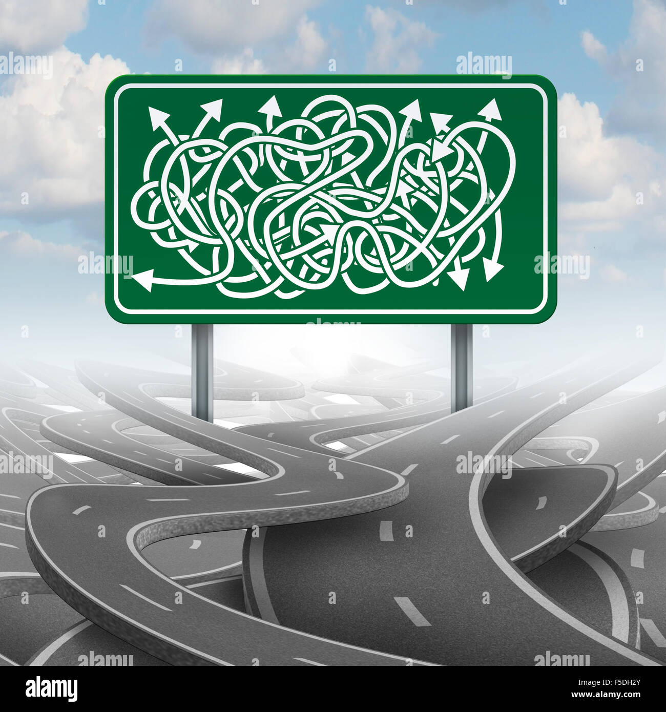 Concepto de negocio elección confusa y la burocracia como símbolo de un grupo de carreteras enredado con un signo de la autopista green mezclados con las flechas de dirección. Foto de stock
