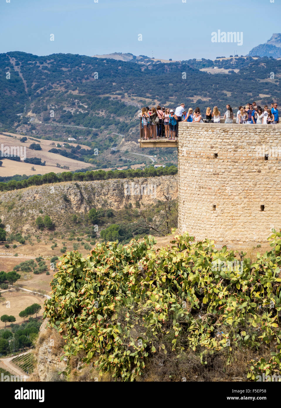 Los turistas mirando hacia el valle a lo largo de la pared de un acantilado en Ronda, Andalucia, Spain Foto de stock