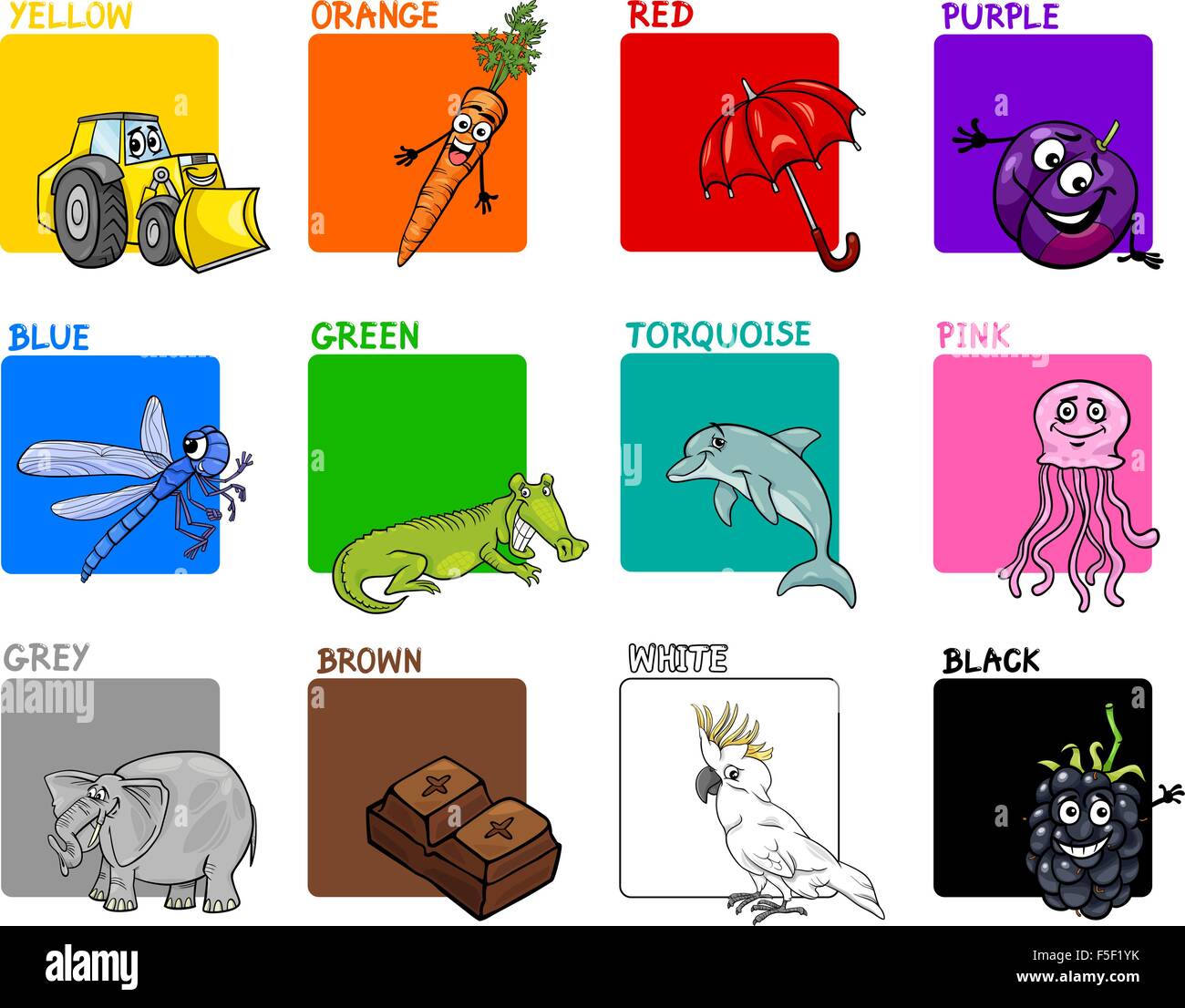 Ilustración de dibujos animados de colores primarios con animales y objetos  educativos para niños de edad preescolar Imagen Vector de stock - Alamy