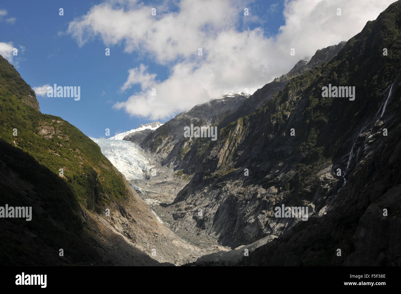 El glaciar Franz Josef, el deshielo de los glaciares debido al cambio climático, Franz Josef, Isla del Sur, Nueva Zelanda Foto de stock