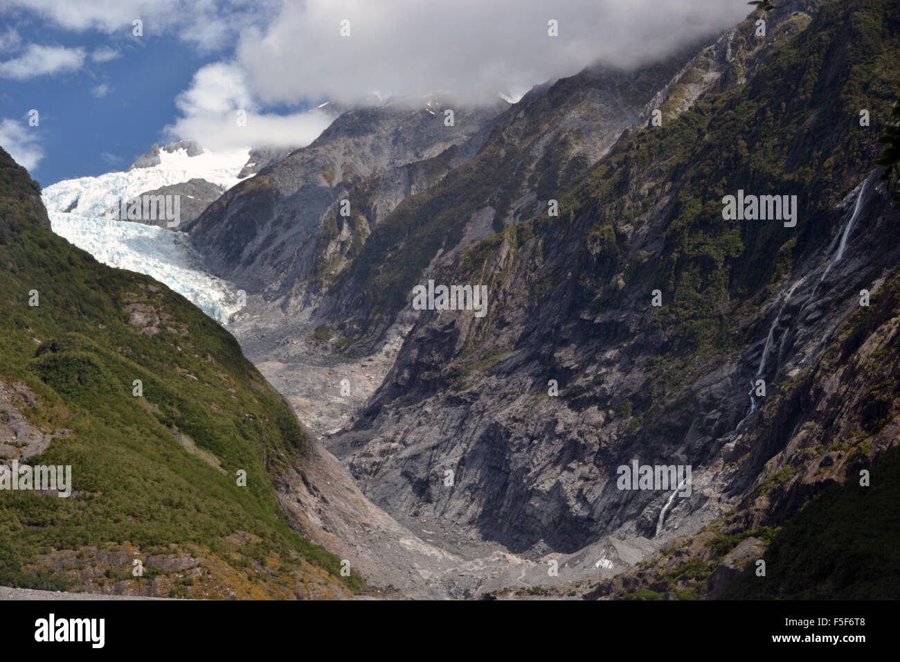 El glaciar Franz Josef, el deshielo de los glaciares debido al cambio climático, Franz Josef, Isla del Sur, Nueva Zelanda Foto de stock