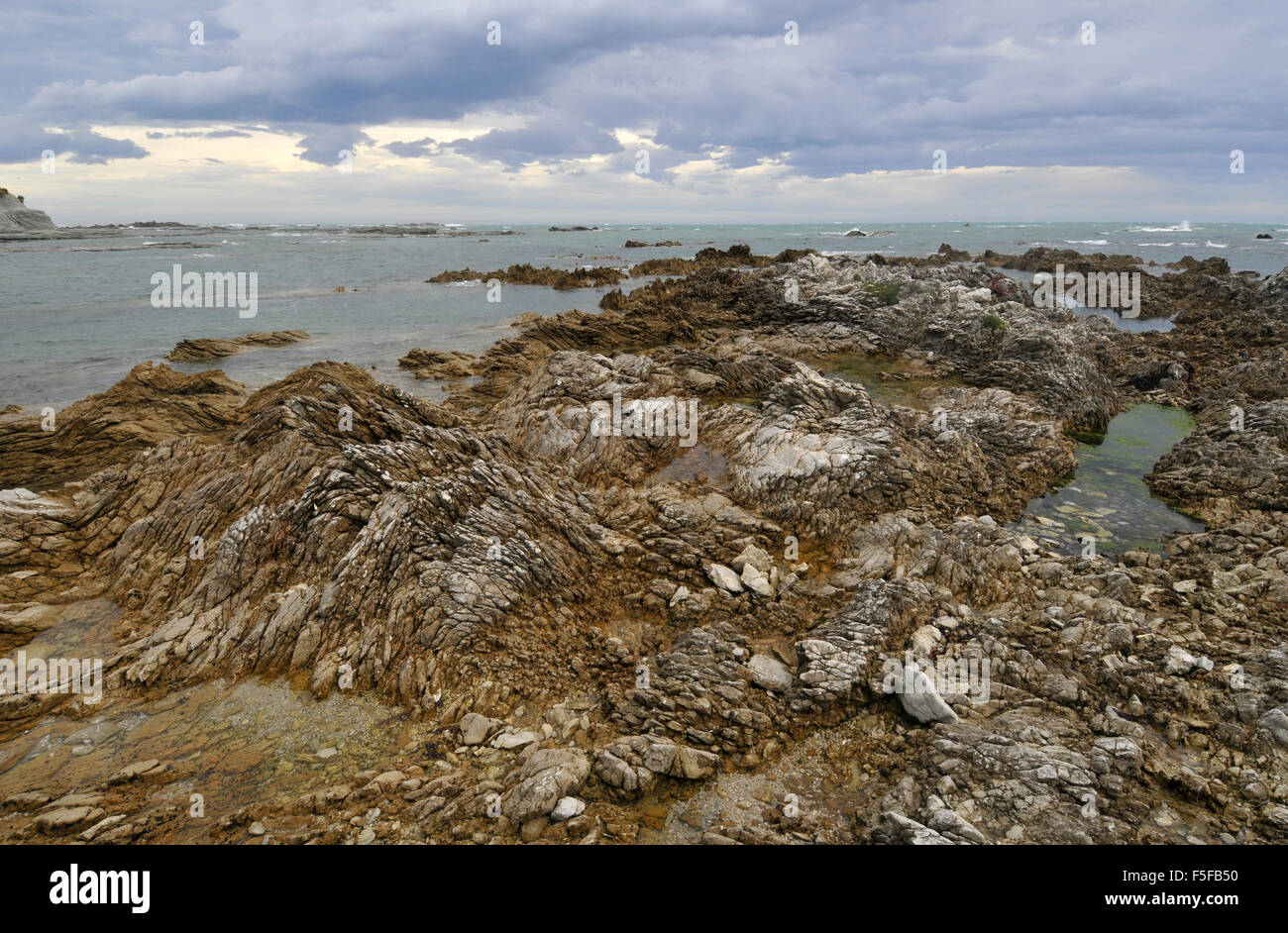Rocas y pozas de marea de la península de Kaikoura, Kaikoura, Isla del Sur, Nueva Zelanda Foto de stock
