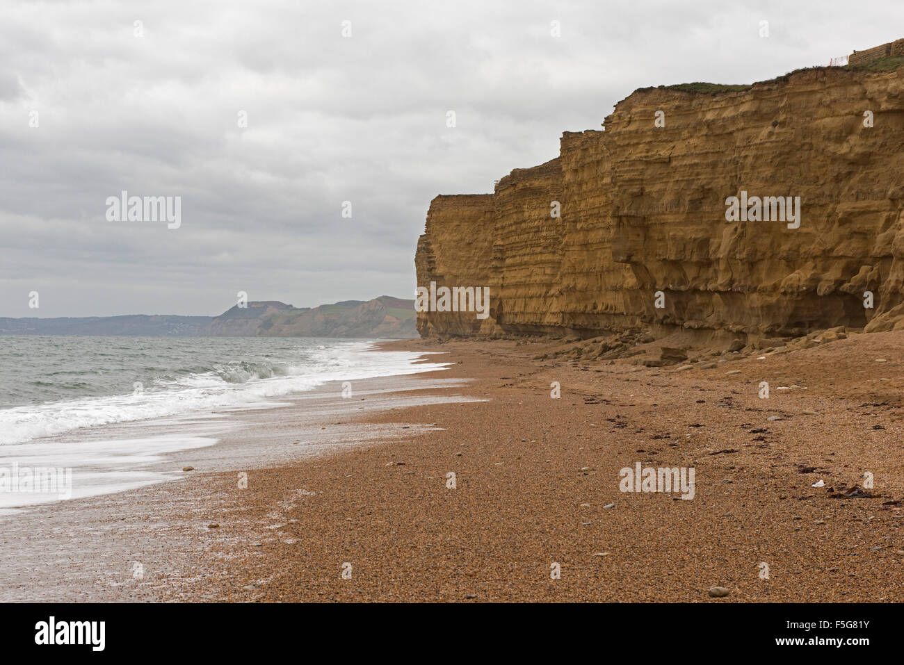 Los acantilados de arenisca y la plaqueta de Cesil Beach en un nublado día de otoño en marea alta, West Bay, Dorset, Octubre Foto de stock