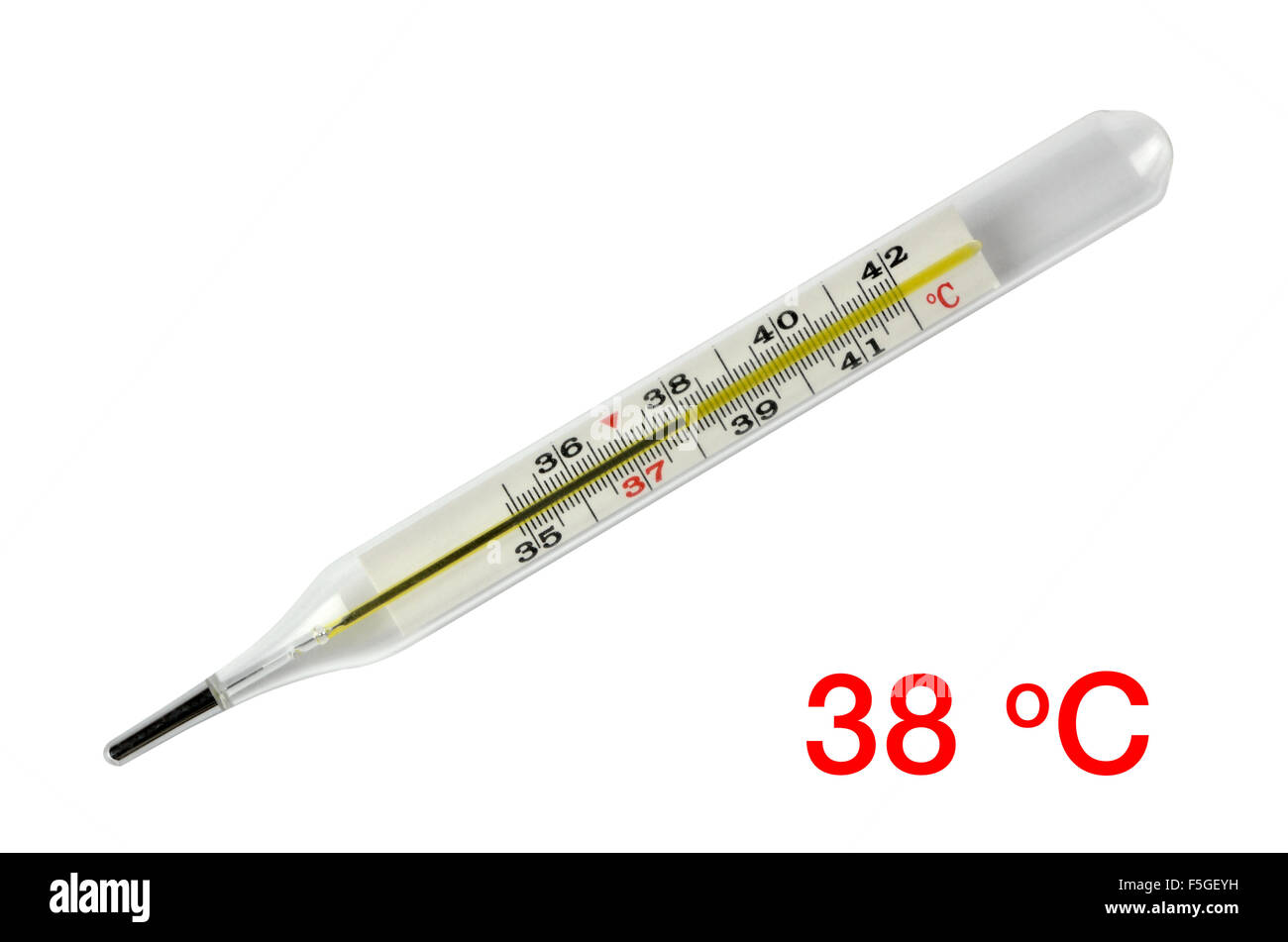 Viejo termómetro de mercurio mostrando 38 grados centígrados de la temperatura corporal, aislado sobre fondo blanco. Foto de stock