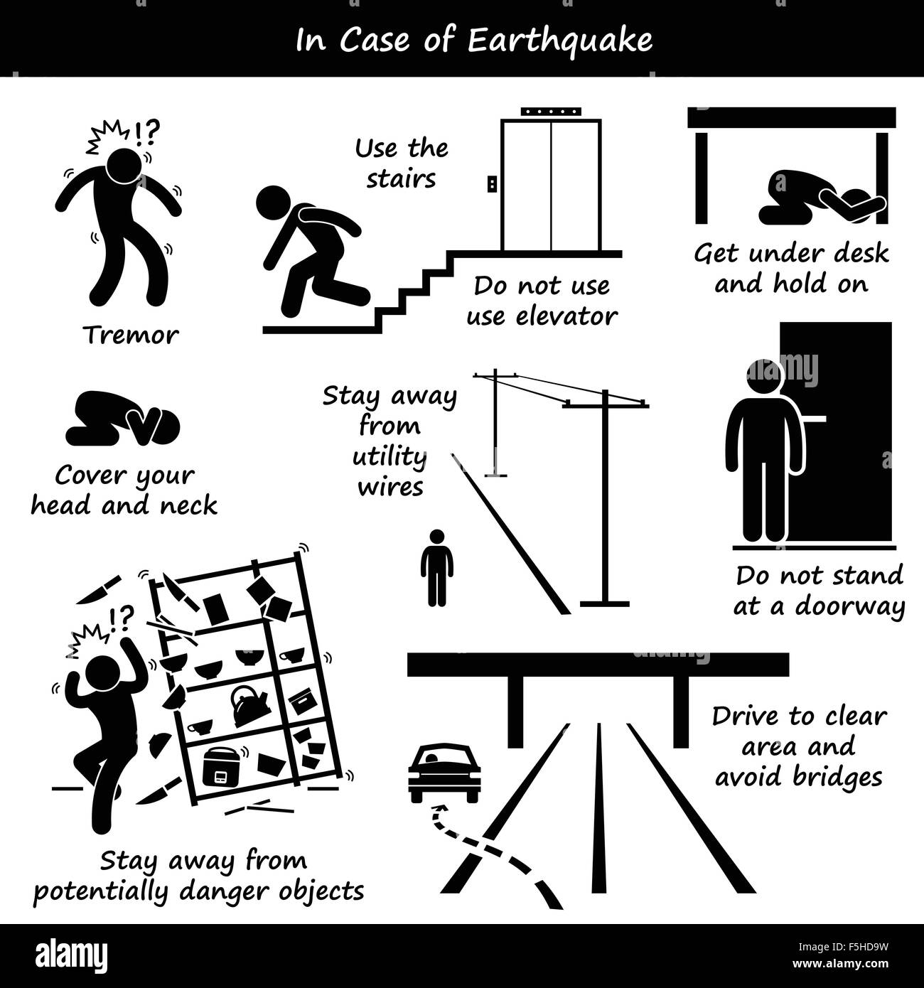 En caso de terremoto Plan de Emergencia Stick figura pictograma iconos Ilustración del Vector