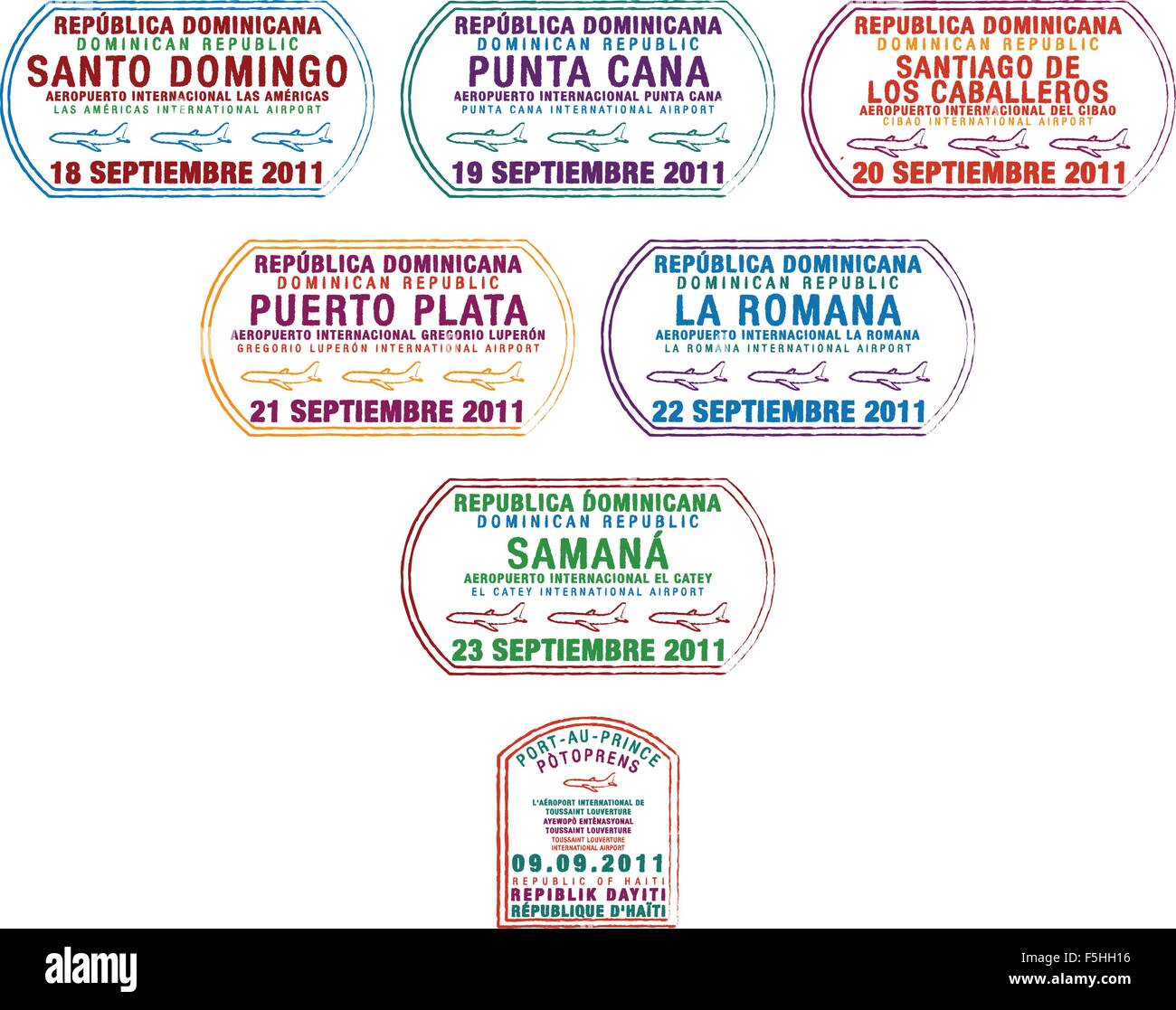 Sellos de pasaporte de la República Dominicana y Haití, en la isla de la Hispaniola en el Caribe en formato vectorial. Ilustración del Vector