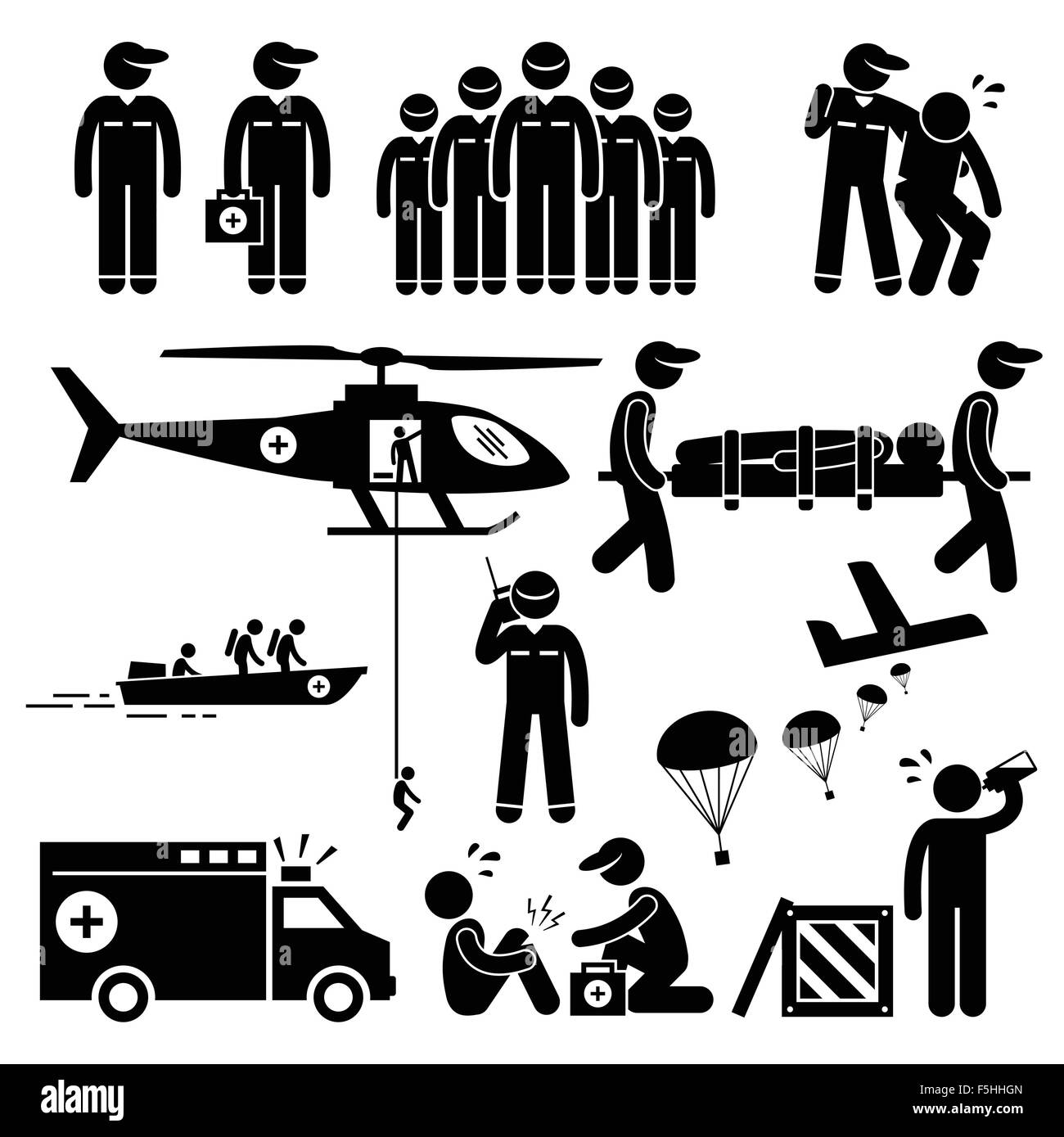 Equipo de rescate de emergencia Stick figura pictograma iconos Ilustración del Vector