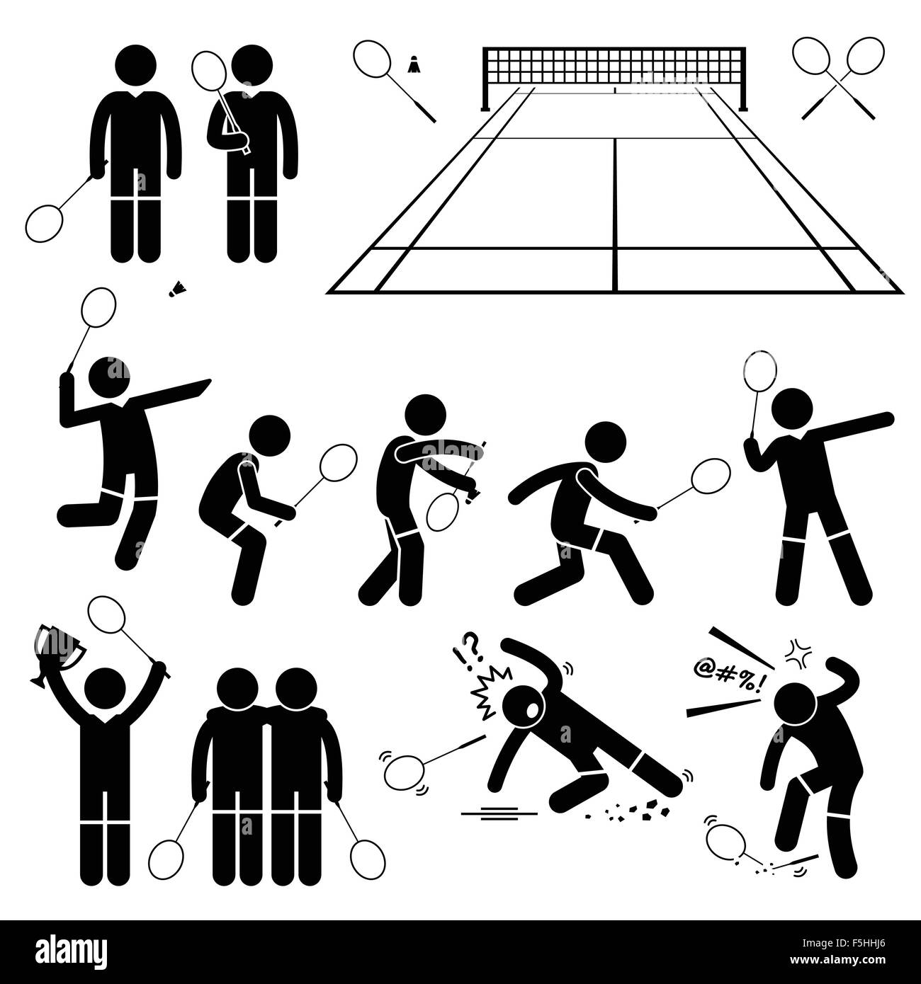 Las acciones de los jugadores de bádminton plantea Stick figura pictograma iconos Ilustración del Vector