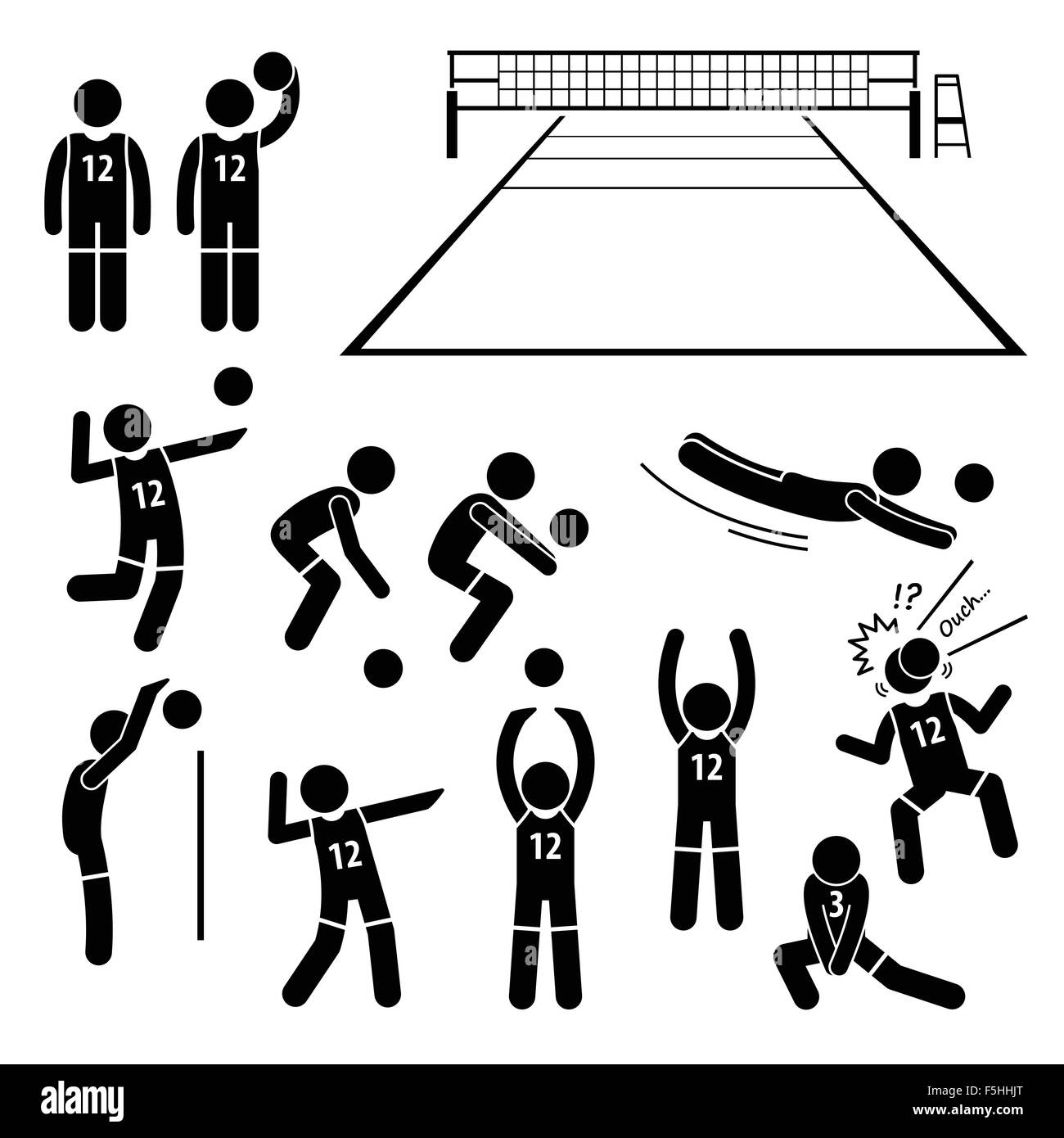 Las acciones de los jugadores de voleibol plantea posturas Stick figura pictograma iconos Ilustración del Vector