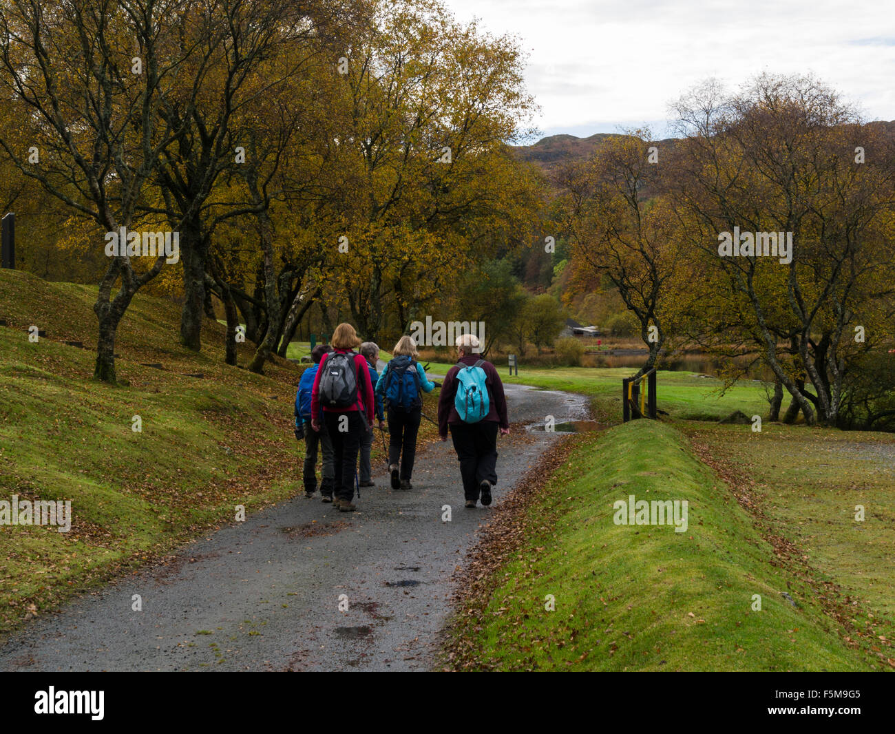 Grupo de mujeres excursionistas caminando alrededor de Llyn Geirionydd Conwy North Wales Gwydyr Forest Park en las faldas de las montañas Carneddau Foto de stock