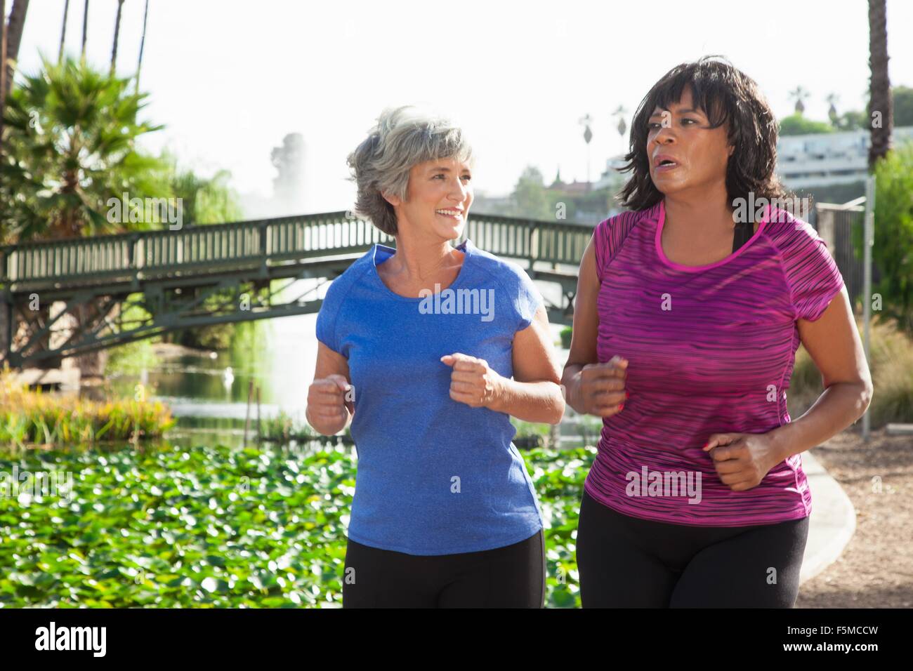 Amigos de hembras maduras jogging en el parque Foto de stock