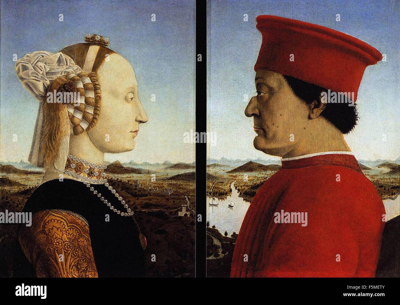 Piero della Francesca - retratos de Federico da Montefeltro y su esposa Battista Sforza Foto de stock