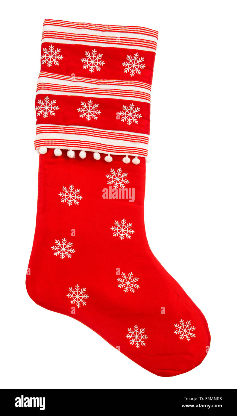 Rojo calcetín de navidad con copos de nieve para regalos sobre fondo blanco. Símbolo de vacaciones Foto de stock