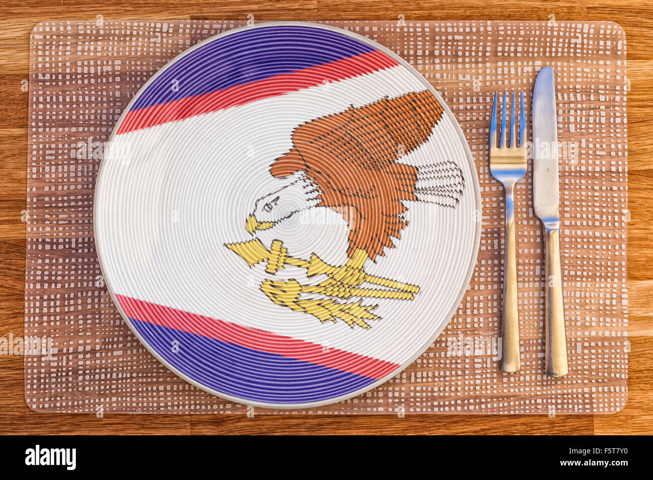 Plato con la bandera de Samoa Americana por su comida y bebida internacional conceptos. Foto de stock