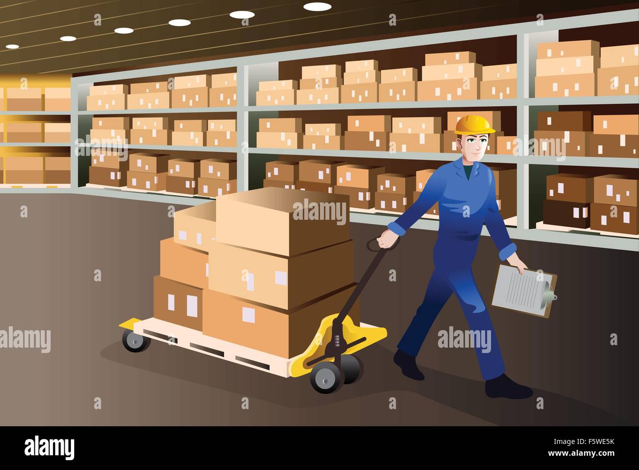 Una ilustración vectorial de hombre de trabajo tirando de un carrito lleno de cajas en un almacén Ilustración del Vector