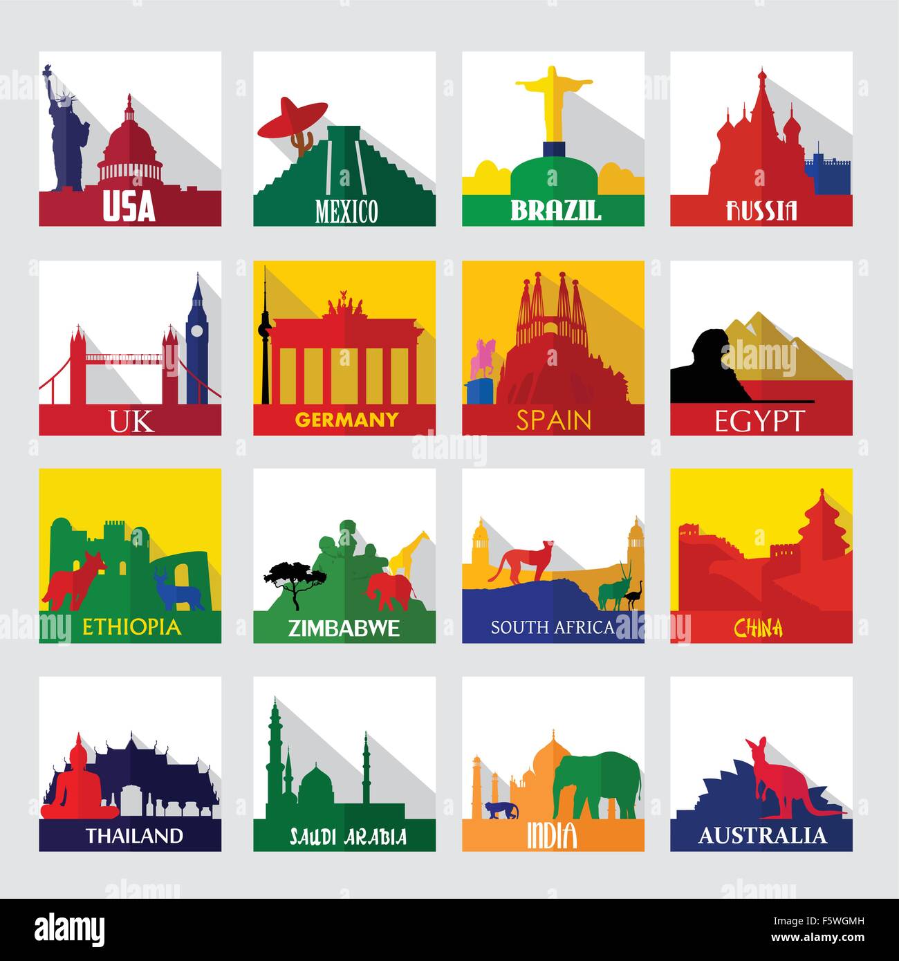 Una ilustración vectorial de populares lugares turísticos en el mundo iconos Ilustración del Vector