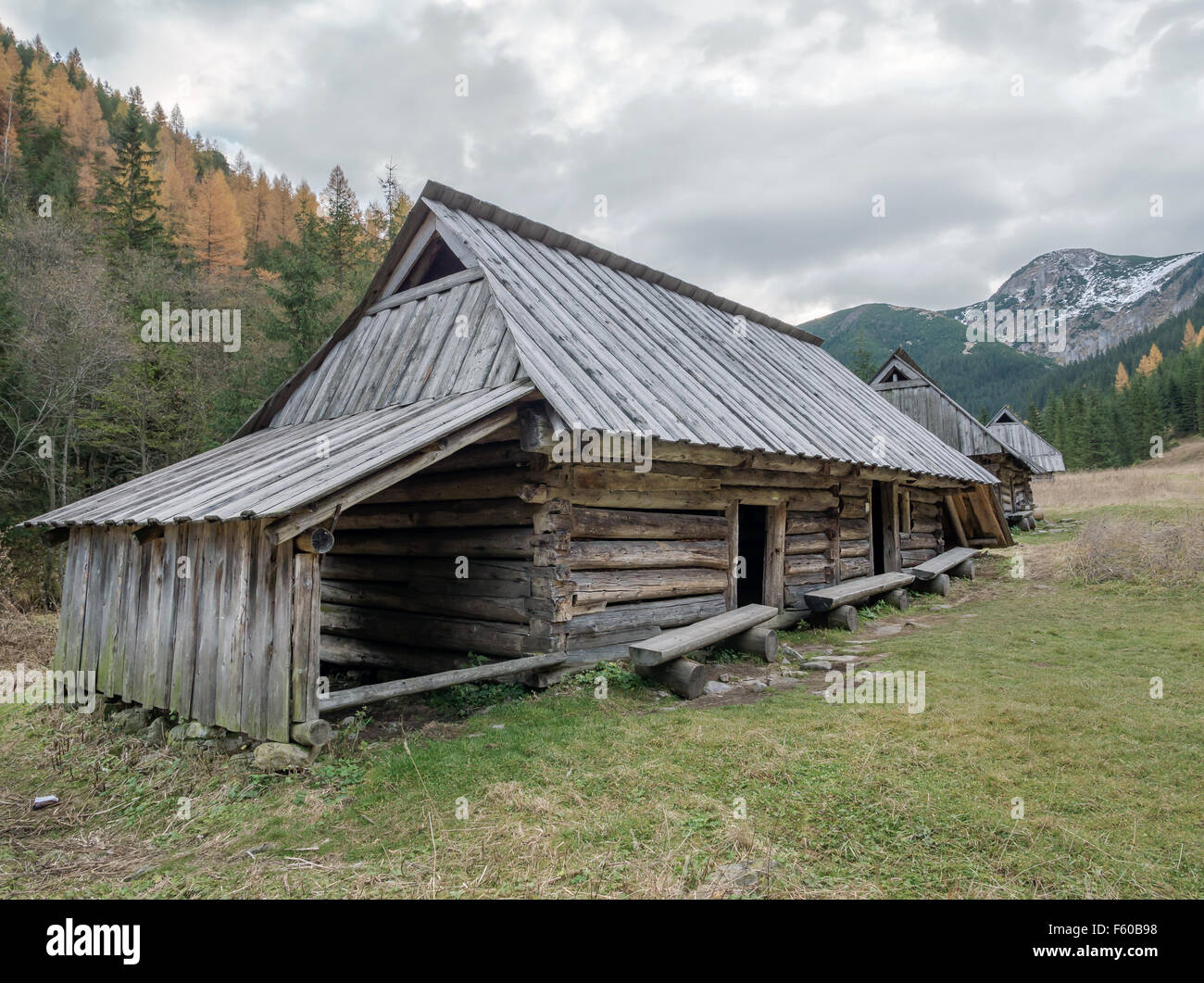 Madera antigua chabola de pastor en la pastura al pie de las montañas del Alto Tatra, Polonia Foto de stock