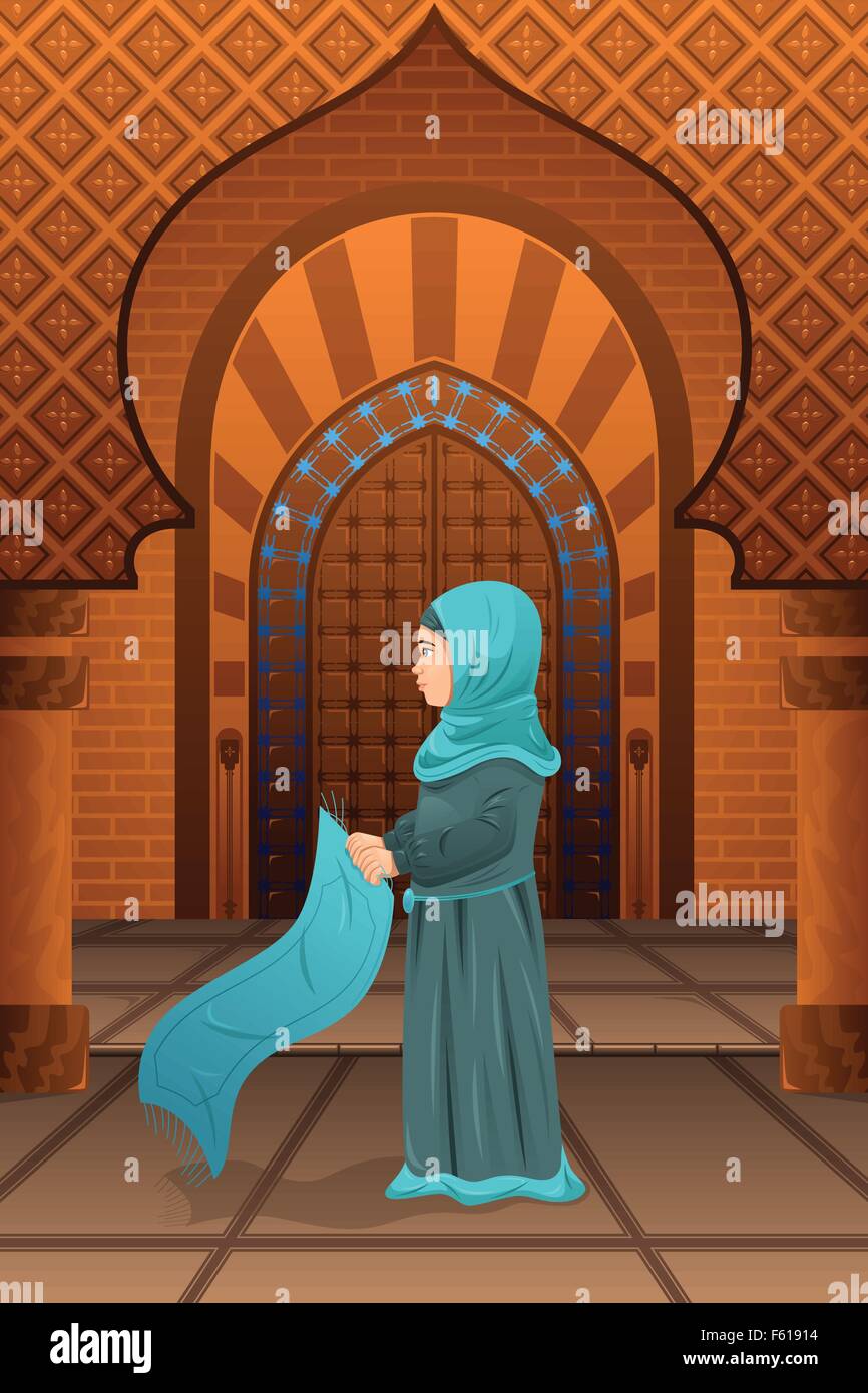 Una ilustración vectorial de una mujer musulmana rezando en la mezquita