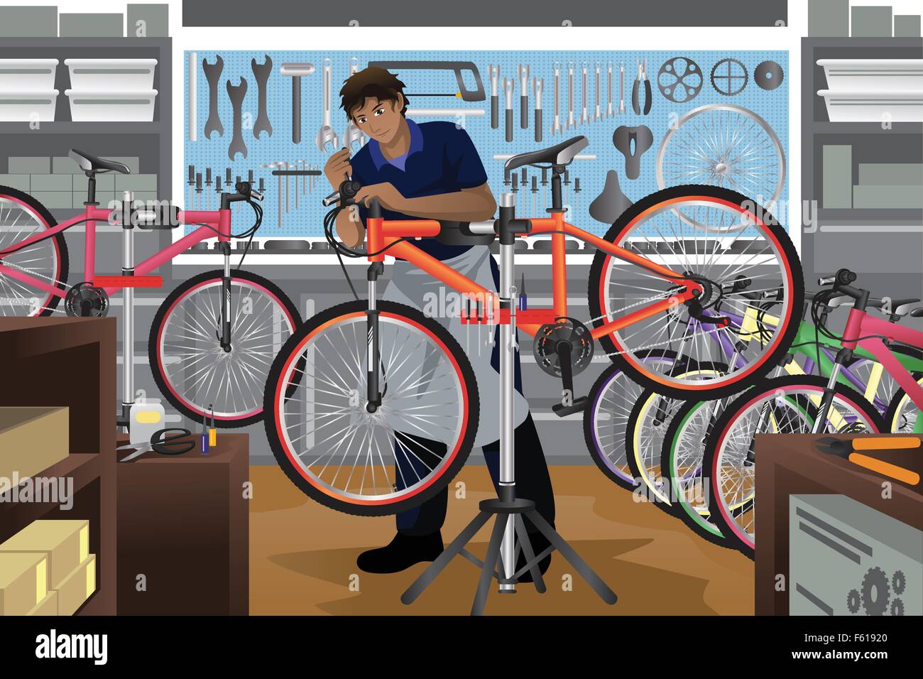 Una ilustración vectorial de reparador de bicicletas de reparar una  bicicleta en su tienda Imagen Vector de stock - Alamy