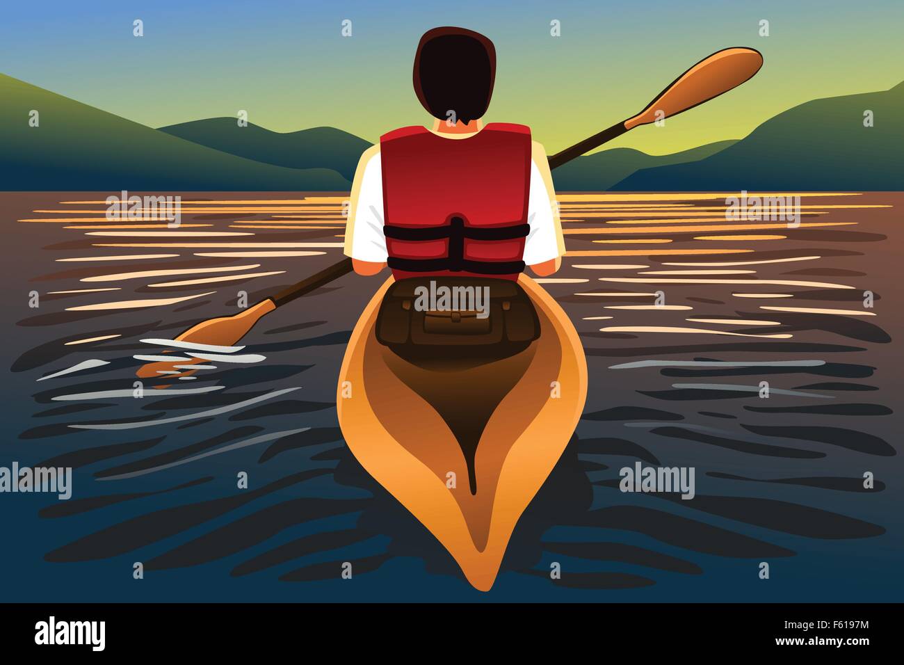 Una ilustración vectorial del hombre cabalgando en un kayak en el lago Ilustración del Vector