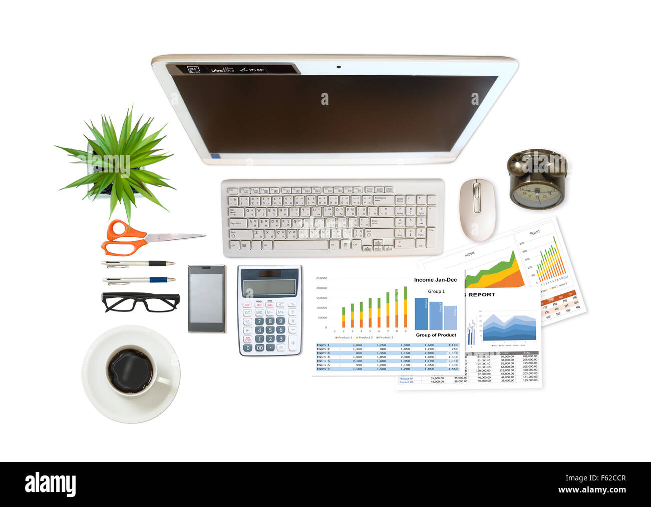 Imagen de empresa y un informe financiero sobre el fondo blanco. Foto de stock