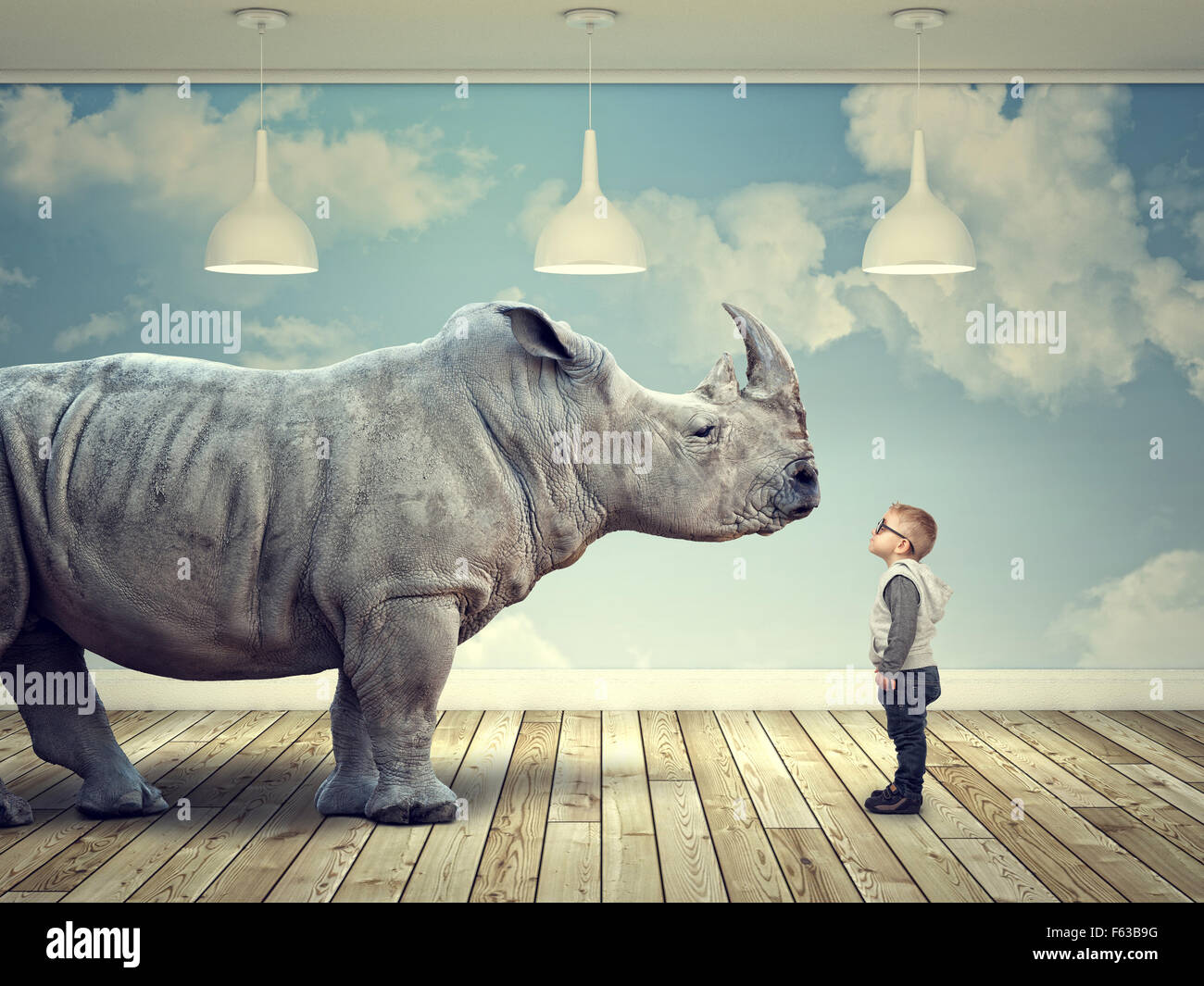 El rinoceronte y el cabrito en abstracto interiores 3d Foto de stock
