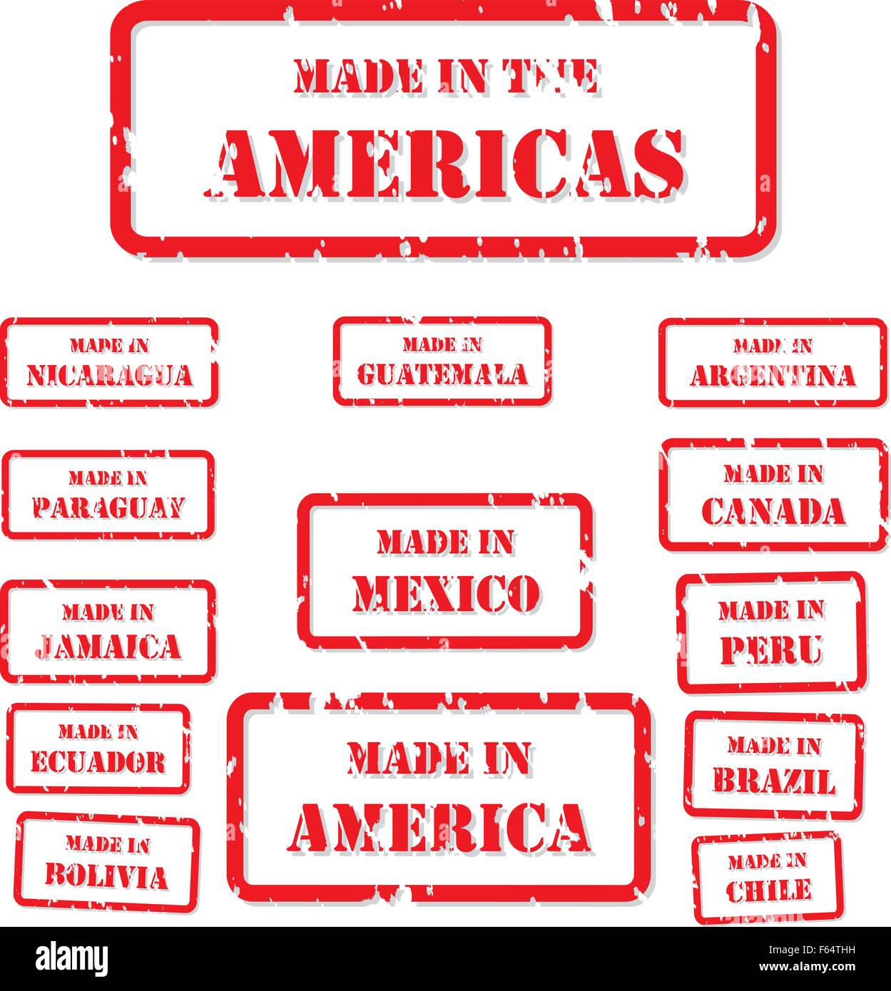 Juego de sellos de goma roja hecha en símbolos para América del Norte, América Central y América del Sur Ilustración del Vector