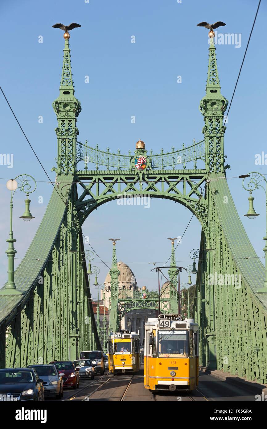El Puente de la libertad con Turuls en los mástiles, Budapest, Hungría Foto de stock