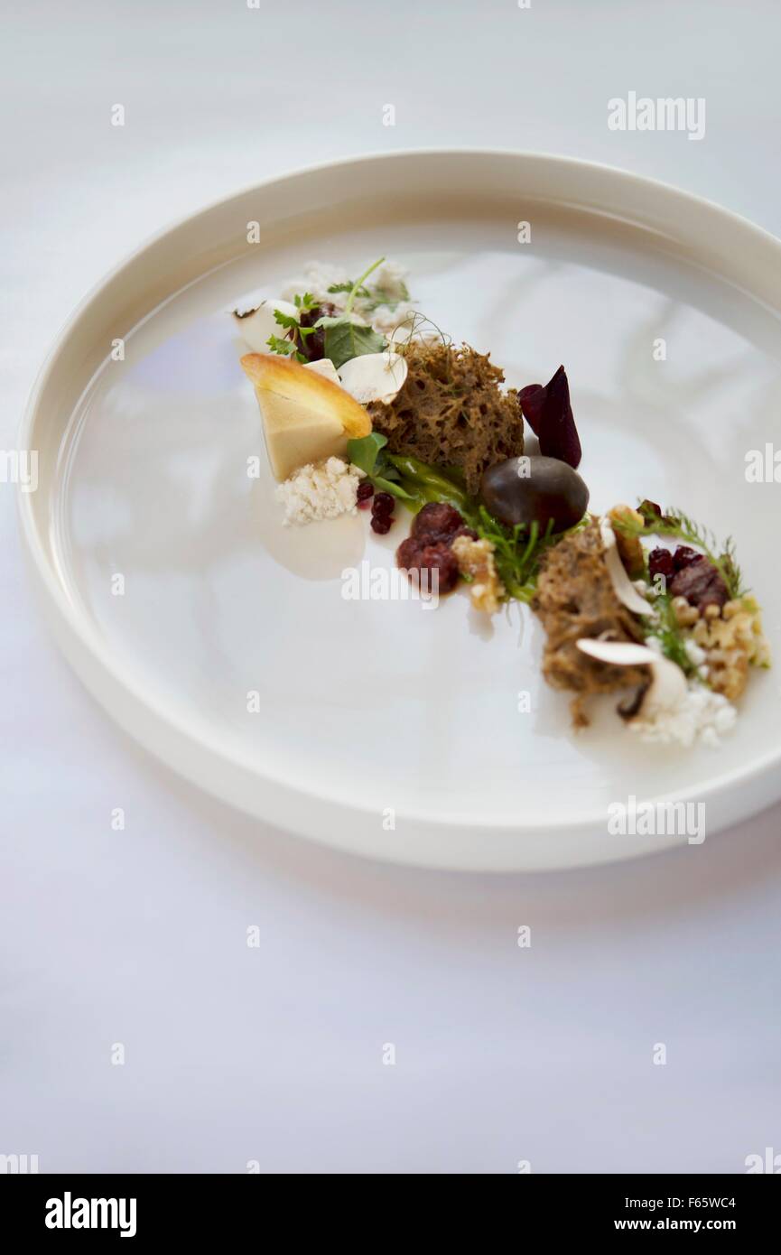 Aperitivo: hierbas silvestres, setas porcini y endrinas, restaurante 'St. Andreas' en 'Blauer Engel' hotel en aue Foto de stock