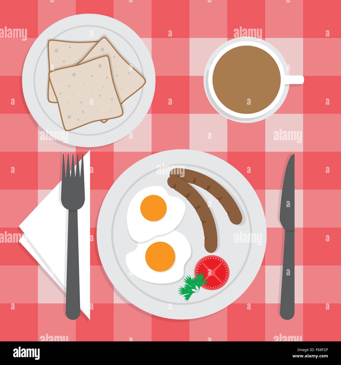 Desayuno americano en la mesa, huevos fritos, salchichas, pan, café, VECTOR EPS10 Ilustración del Vector
