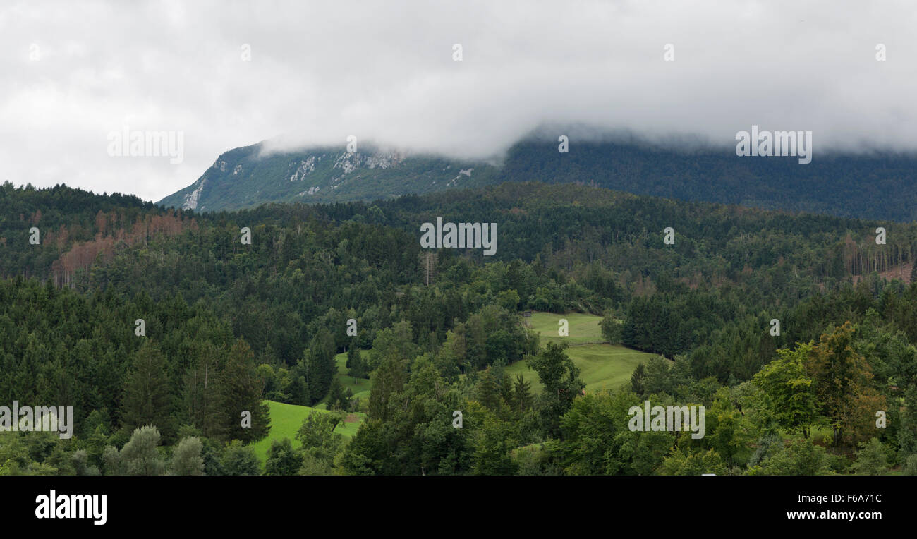 Paisaje de las montañas de niebla en Eslovenia Foto de stock