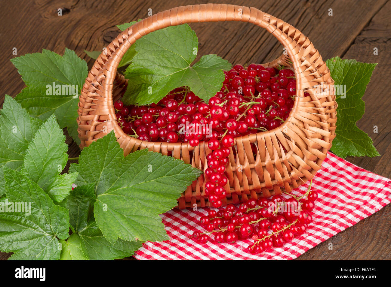 Cesta de grosella con hojas verdes sobre un mantel rojo a cuadros Foto de stock