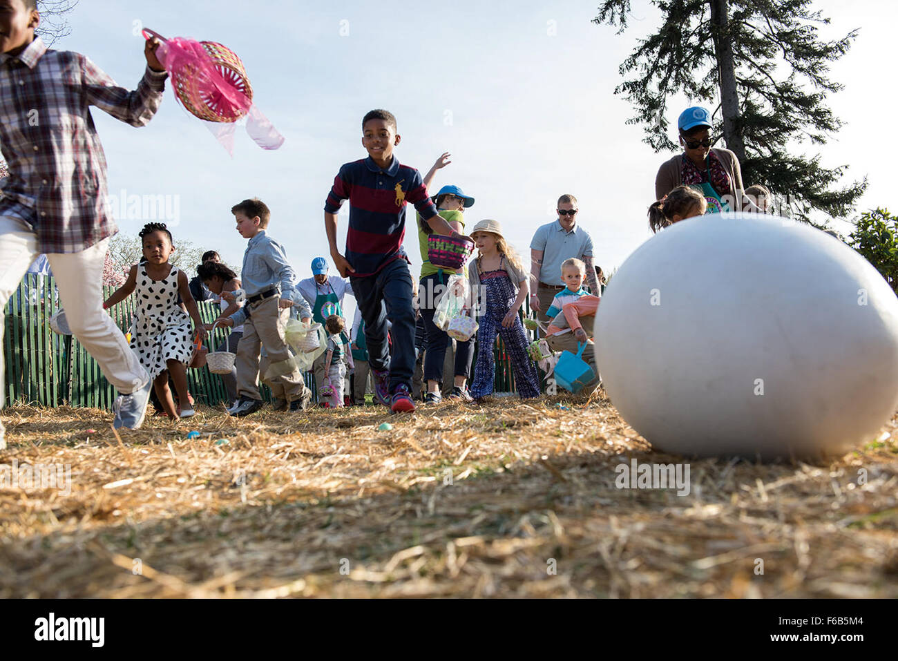 Los niños caza de huevos durante el rollo de huevo de Pascua anual en el Jardín Sur de la Casa Blanca, 6 de abril de 2015. Amanda Lucidon) Foto de stock