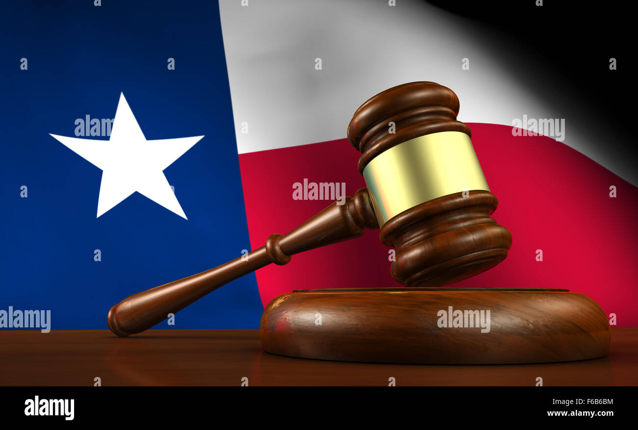 La ley de Texas, el sistema jurídico y concepto de justicia con un 3D  Render de un martillo sobre un escritorio de madera y el tejano bandera en  segundo plano Fotografía de