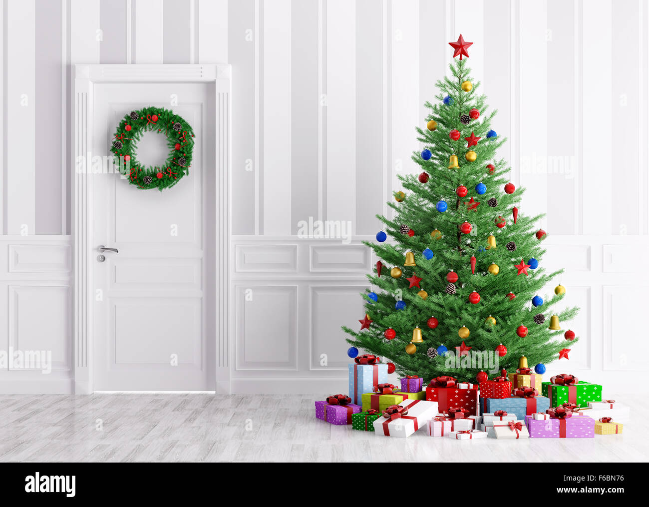 Interior de una habitación con árbol de navidad, regalos y ofrenda floral  en la puerta 3D rendering Fotografía de stock - Alamy