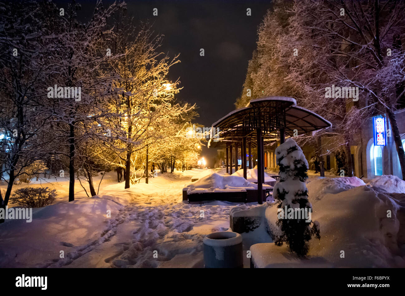 Avenidas de la ciudad de Donetsk en noche de invierno. Por la noche. Avenue. Lámpara de la calle. Una farmacia... A. Blok Foto de stock
