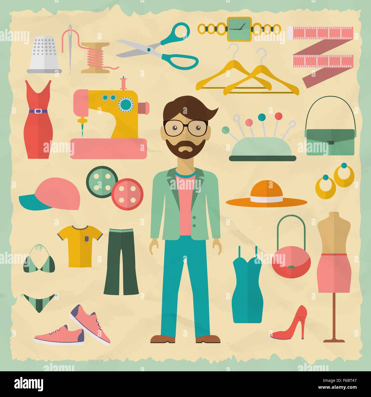 Diseñador de moda personaje masculino con la moda de diseño de objetos.  Diseñador de moda iconos. Diseño plano ilustración vectorial Imagen Vector  de stock - Alamy