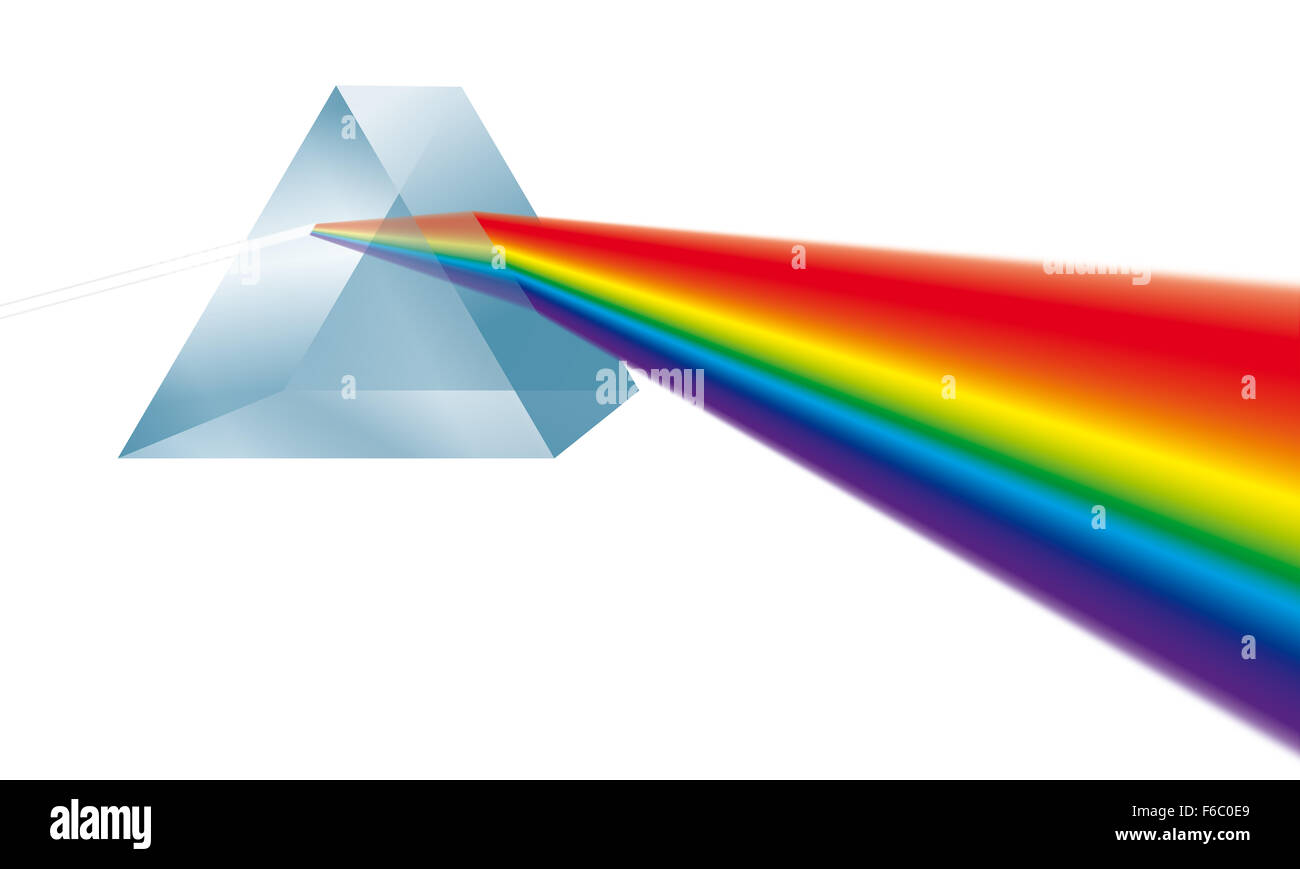 Saltos de prisma triangular rayo de luz blanca en el arco iris de colores espectrales. Ilustración sobre fondo blanco. Foto de stock