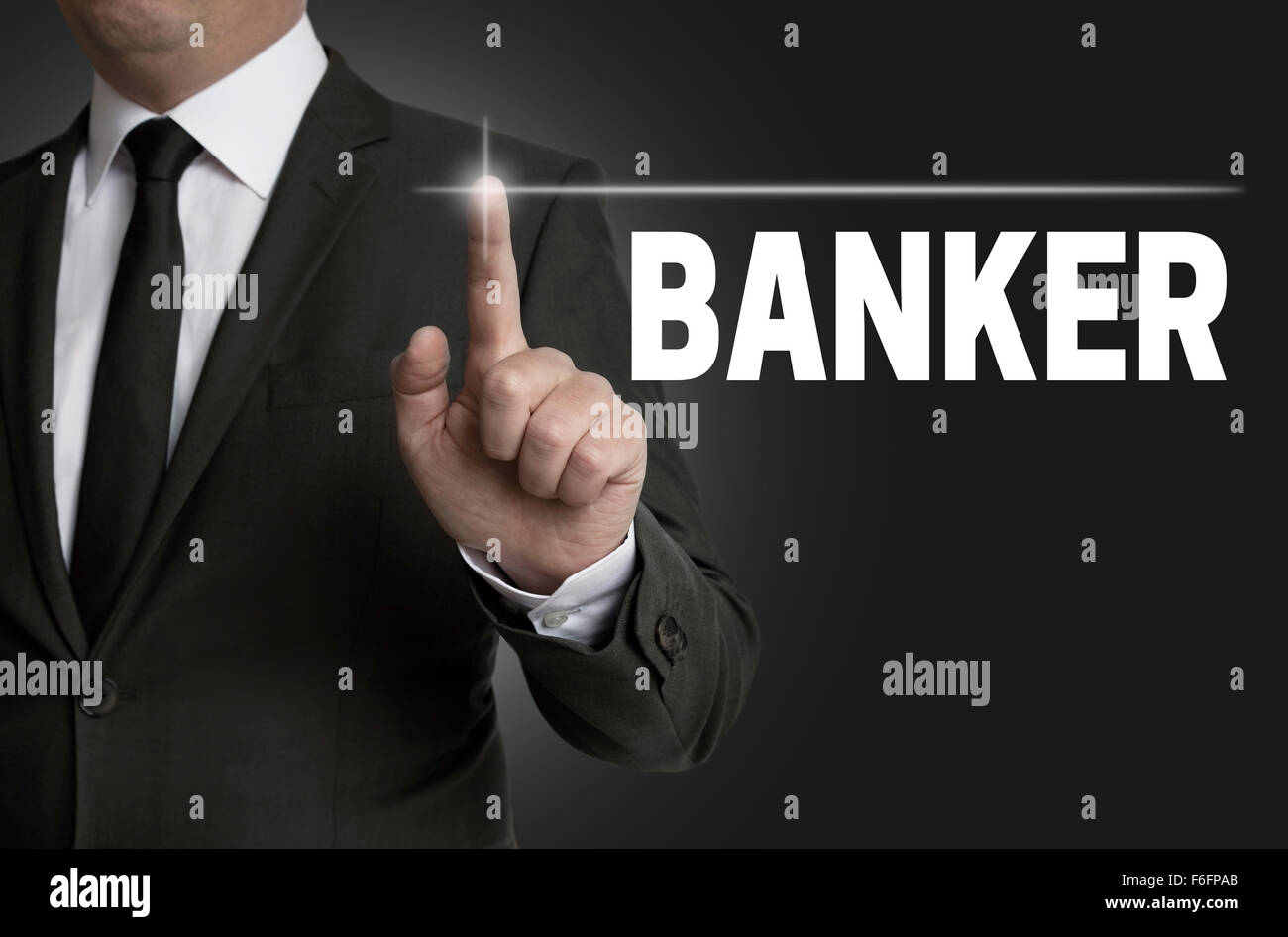 Pantalla táctil del banquero es operado por el empresario concepto. Foto de stock