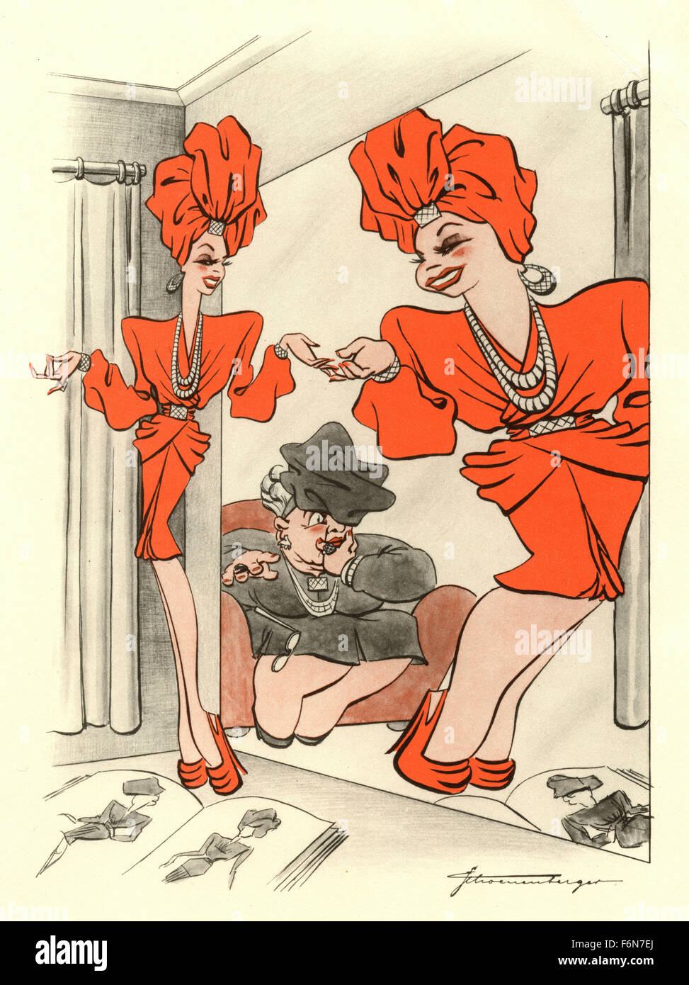 Ilustraciones satírico alemán de 1950: la mujer en el espejo Foto de stock