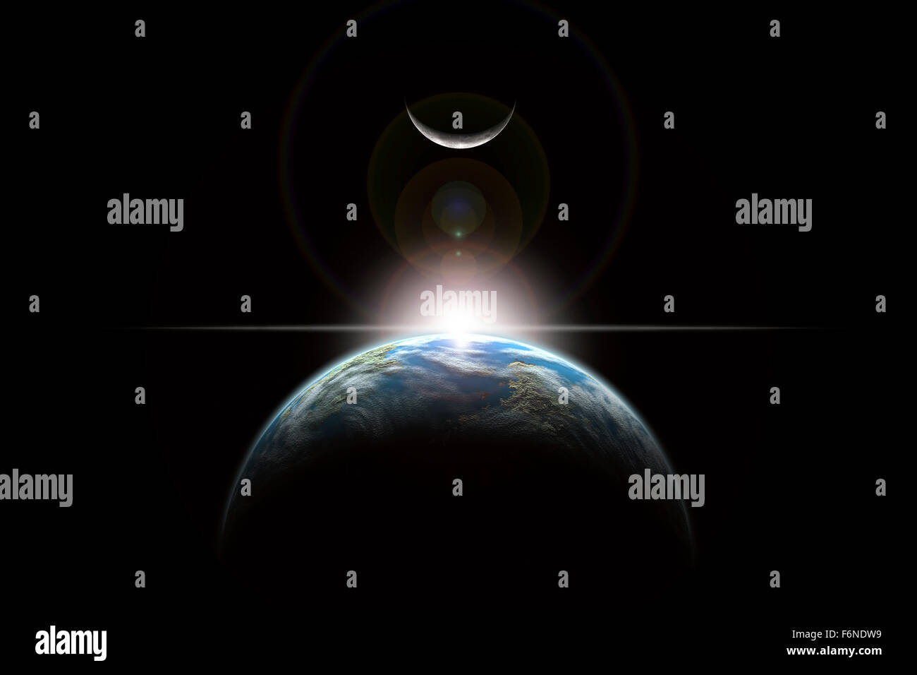 Representación de un artista de una estrella que se alza sobre un planeta similar a la tierra e iluminando es lone luna. Foto de stock