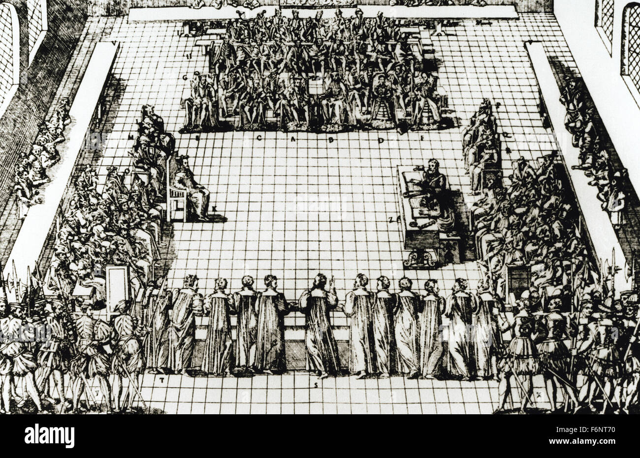 Francia. Coloquio en Poissy, 1651. Conferencia de religiosos que tuvo lugar entre los católicos y los protestantes (hugonotes) de Francia. Grabado. Foto de stock