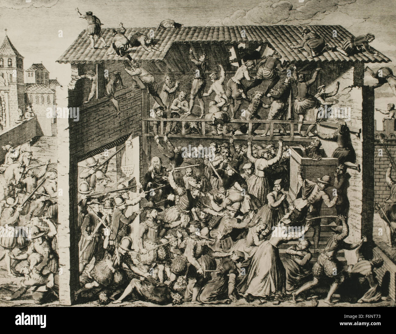Francia. Masacre de Noemi. Asesinato de Huguenot adoradores y a los ciudadanos en una acción armada por tropas de Francisco, duque de Guisa, en Wassy, Francia el 1 de marzo de 1562. A partir de las guerras de religión francesas. Grabado. Foto de stock