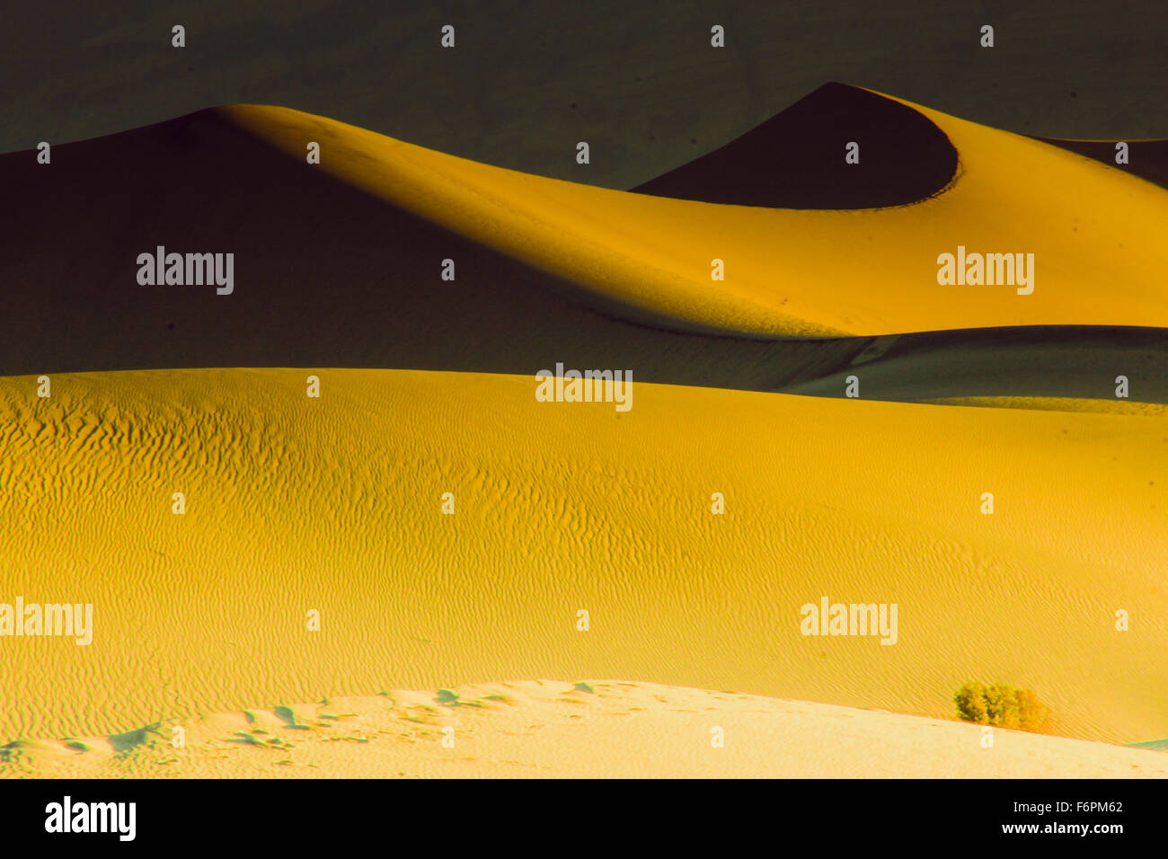 Naranja y negro, el contraste entre sí como la luz golpea al atardecer en la duna de arena de los pintorescos paisajes del Parque Nacional Valle de la muerte en Foto de stock
